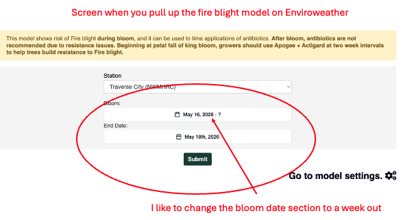 Screenshot of the Enviroweather fire blight model interface with red annotations explaining how to adjust bloom dates in the model settings. The image highlights dropdown menus and date fields for bloom and end dates, with notes recommending changing the bloom date section to one week out. Additional text explains that antibiotics are not recommended after bloom and suggests Apogee plus Actigard applications beginning at petal fall.